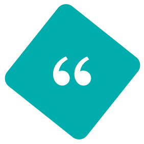 Turquoise diamond with white quotation marks.